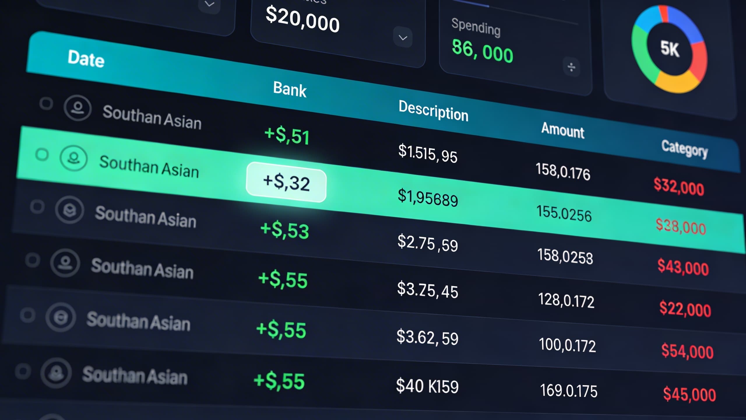 Transaction dashboard showing extracted bank statement data